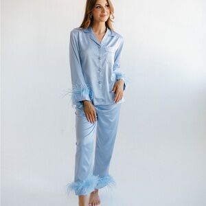 Elegant Blue Feather-Trimmed Pajama Set